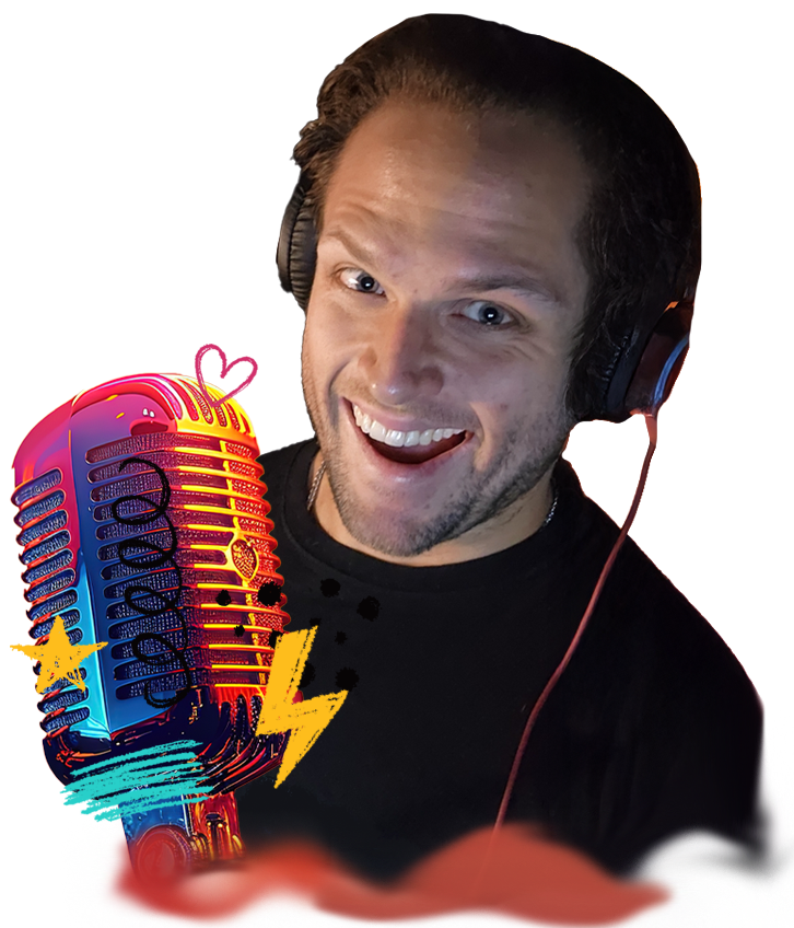 Roc Bauman Roc in a black tshirt smiling behind a colorful voiceover microphone with studio headphones on